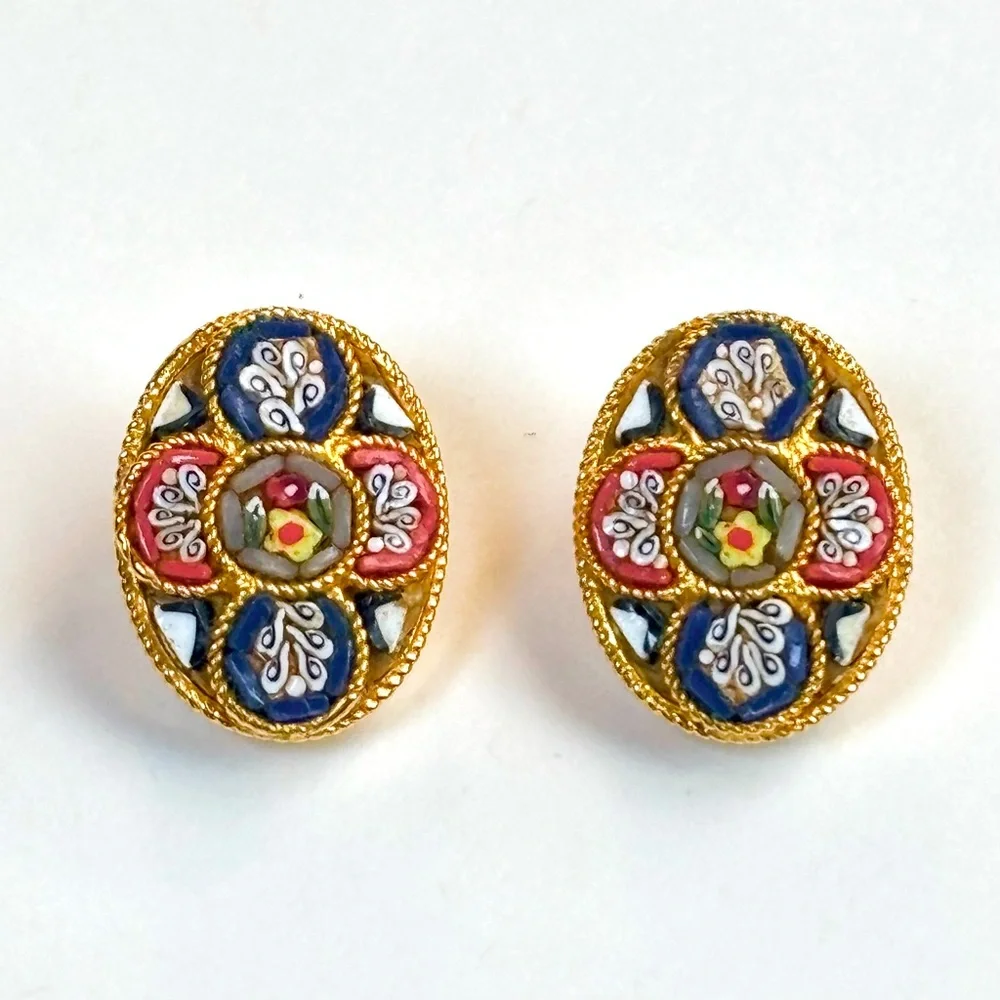 Vintage Italian Glass Micro Mosaic Oval Gold Tone Clip-on Earrings 1950’s Estate